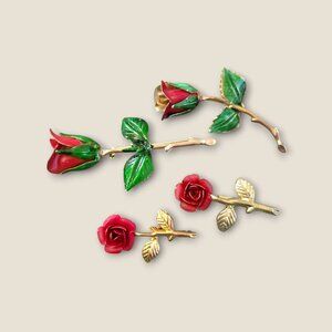 Lot Of 4 Vintage Rose Brooches Red & Green Enamel Gold-Tone Floral Pins Valentin